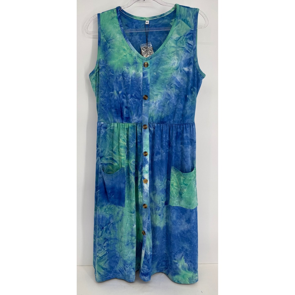 Molerani Womens Tie Dye Button Front V-Neck Midi Dress Blue Green Sz XL NWT